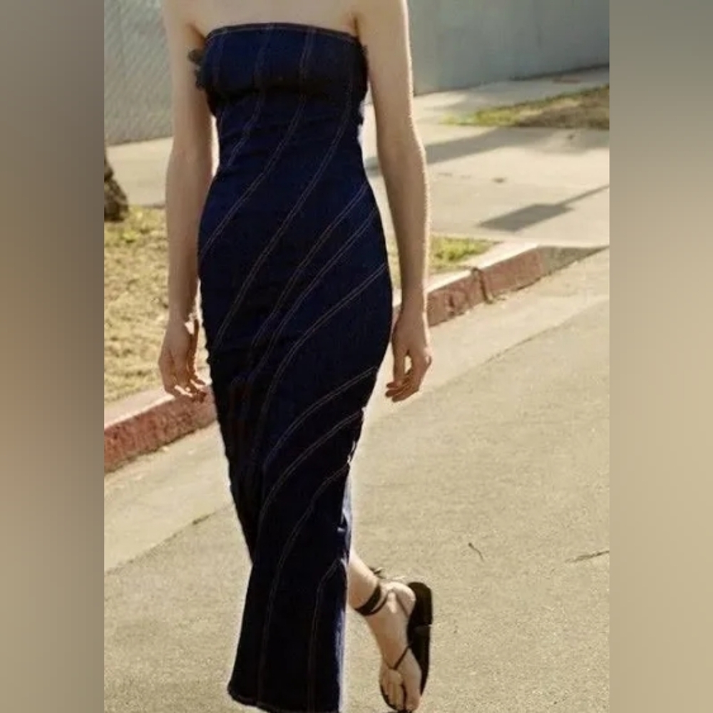 ZARA TOPSTITCHED Denim Midi Dress Dark Blue Sz XL Nwt